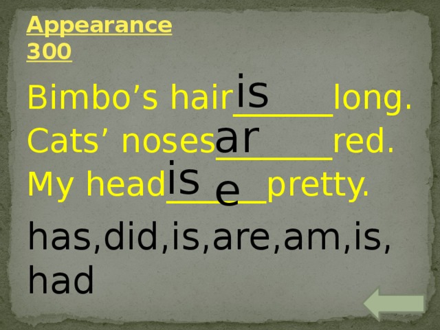 Appearance  300 is Bimbo’s hair______long. Cats’ noses_______red. My head______pretty. are is has,did,is,are,am,is,had 