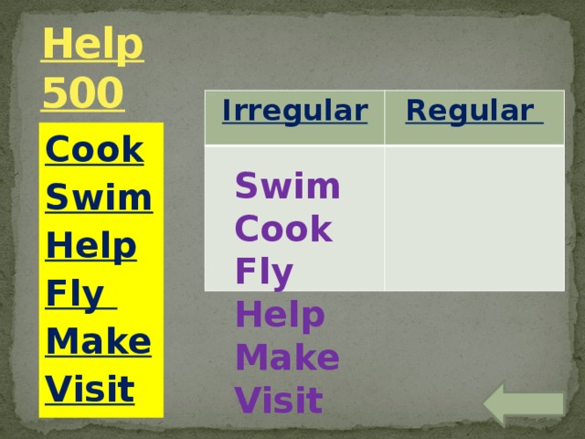 Help  500 Irregular Regular Cook Swim Help Fly Make Visit Swim Cook Fly Help Make Visit 
