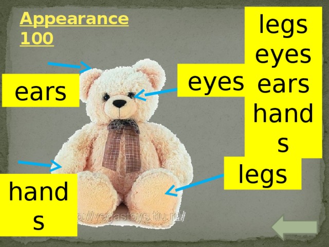 Appearance  100 legs eyes ears hands eyes ears legs hands 
