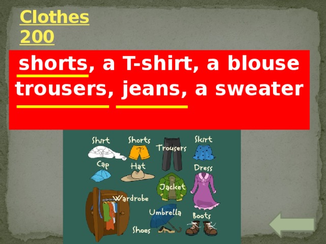 Clothes  200 shorts, a T-shirt, a blouse trousers, jeans, a sweater 