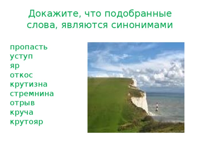 Докажите, что подобранные слова, являются синонимами пропасть уступ яр откос крутизна стремнина отрыв круча крутояр 