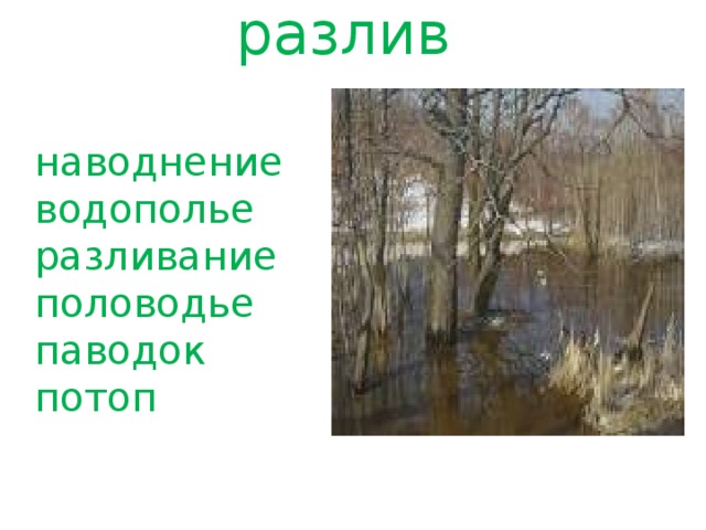 разлив   наводнение водополье разливание половодье паводок потоп 