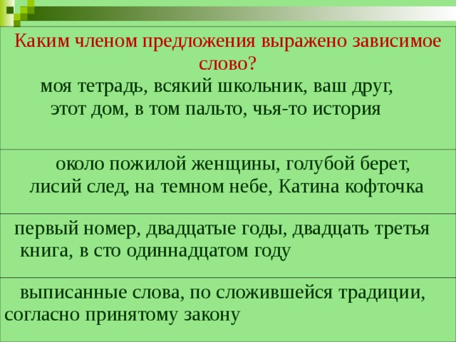 Каким членом предложения выражено зависимое слово?  моя тетрадь, всякий школьник, ваш друг,  этот дом, в том пальто, чья-то история  около пожилой женщины, голубой берет,  лисий след, на темном небе, Катина кофточка  первый номер, двадцатые годы, двадцать третья книга, в сто одиннадцатом году  выписанные слова, по сложившейся традиции, согласно принятому закону 