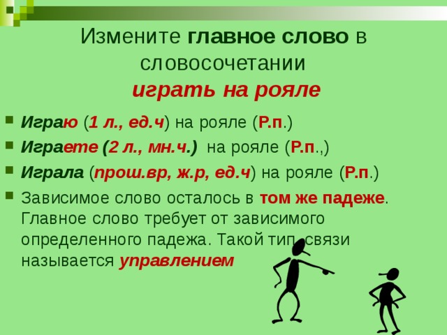   Измените главное слово в словосочетании   играть на рояле   Игра ю ( 1 л., ед.ч ) на рояле ( Р.п .) Игра ете ( 2 л., мн.ч .) на рояле ( Р.п .,) Играла ( прош.вр, ж.р, ед.ч ) на рояле ( Р.п .) Зависимое слово осталось в том же падеже . Главное слово требует от зависимого определенного падежа. Такой тип связи называется управлением 