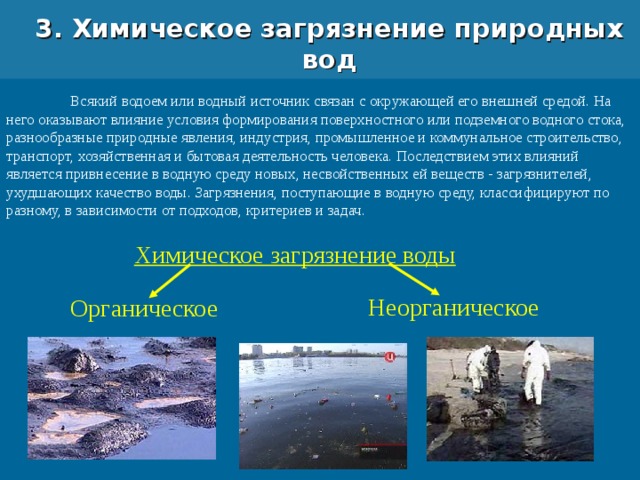 3. Химическое загрязнение природных вод  Всякий водоем или водный источник связан с окружающей его внешней средой. На него оказывают влияние условия формирования поверхностного или подземного водного стока, разнообразные природные явления, индустрия, промышленное и коммунальное строительство, транспорт, хозяйственная и бытовая деятельность человека. Последствием этих влияний является привнесение в водную среду новых, несвойственных ей веществ - загрязнителей, ухудшающих качество воды. Загрязнения, поступающие в водную среду, классифицируют по разному, в зависимости от подходов, критериев и задач. Химическое загрязнение воды Неорганическое Органическое 