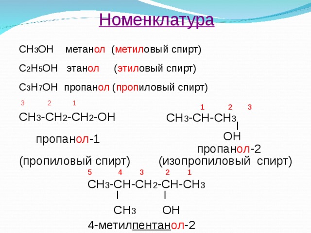 Номенклатура СН 3 ОН метан ол ( метил овый спирт) С 2 Н 5 ОН этан ол ( этил овый спирт) С 3 Н 7 ОН пропан ол ( проп иловый спирт)  1 2 3  СН 3 -СН-СН 3 |  ОН пропан ол -2 (изопропиловый спирт)  3 2 1 СН 3 -СН 2 -СН 2 -ОН  пропан ол -1 (пропиловый спирт) 5 4 3 2 1 СН 3 -СН-СН 2 -СН-СН 3  | |  CH 3 ОН 4-метил пентан ол -2 