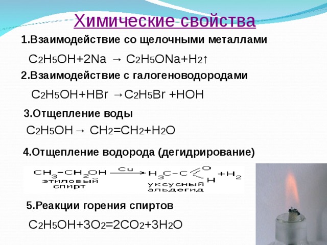 Химические свойства 1.Взаимодействие со щелочными металлами  C 2 H 5 OH+2Na → C 2 H 5 ONa+H 2 ↑  2.Взаимодействие с галогеноводородами C 2 H 5 OH+HBr → C 2 H 5 Br +HOH 3.Отщепление воды C 2 H 5 OH → CH 2 =CH 2 +H 2 О  4.Отщепление водорода (дегидрирование) 5.Реакции горения спиртов C 2 H 5 OH+3O 2 =2CO 2 +3H 2 O 