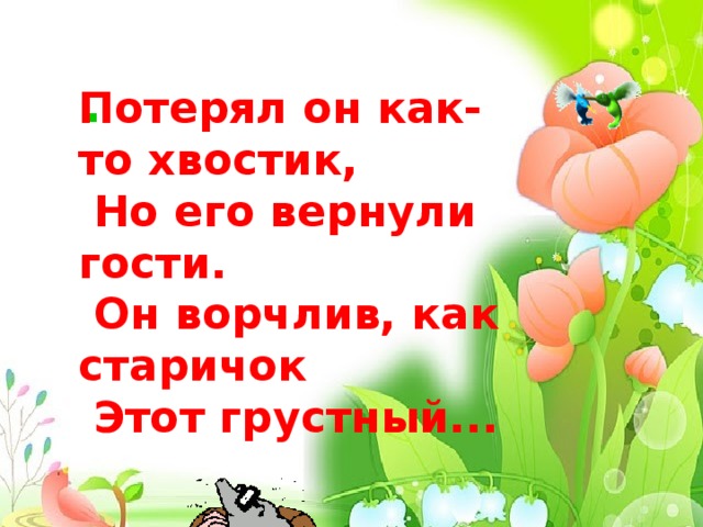         . Потерял он как-то хвостик,  Но его вернyли гости.  Он ворчлив, как старичок  Этот грyстный...  