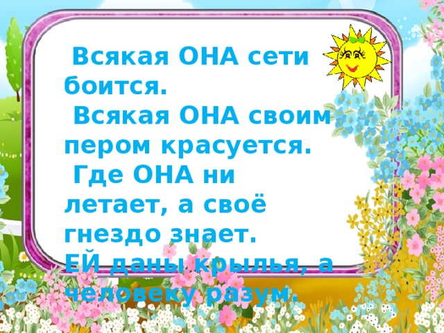      Всякая ОНА сети боится.  Всякая ОНА своим пером красуется.  Где ОНА ни летает, а своё гнездо знает. ЕЙ даны крылья, а человеку разум.        