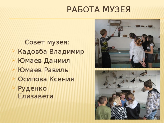  Работа музея  Совет музея: Кадовба Владимир Юмаев Даниил Юмаев Равиль Осипова Ксения Руденко Елизавета 