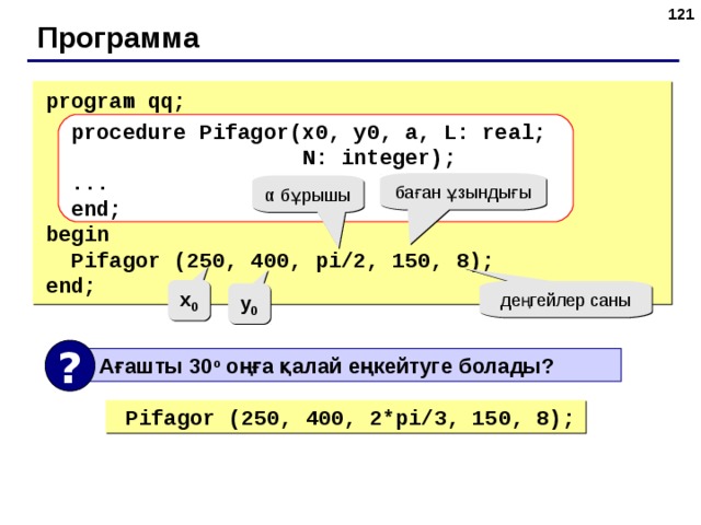118 Программа program qq;  procedure Pifagor(x0,  y0,  a,  L: real;    N: integer);  ...  end; begin  Pifagor (250, 400, pi/2, 150, 8); end; баған ұзындығы α бұрышы x 0 деңгейлер саны y 0 ?  Ағашты 30 o оңға қалай еңкейтуге болады ?  Pifagor (250, 400, 2* pi/ 3 , 150, 8); 121 