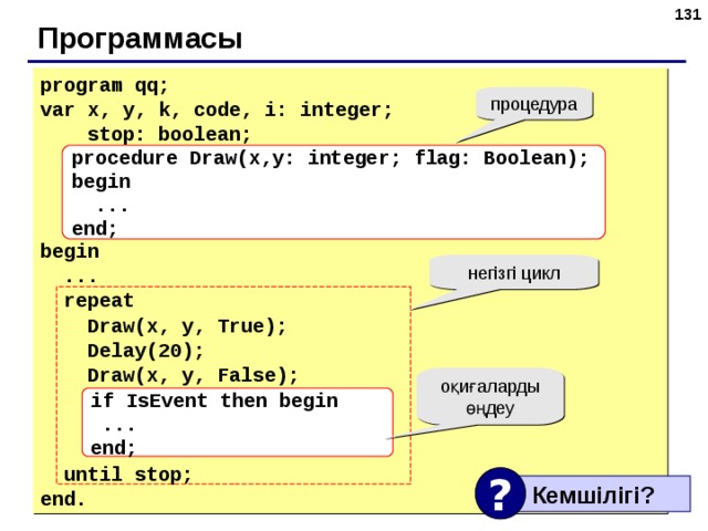 124 Программасы program qq; var x, y, k, code, i: integer;   stop: boolean; begin  ...  repeat   Draw(x, y, True);  Delay(20);  Draw(x, y, False);  until stop; end. процедура procedure Draw(x,y: integer; flag: Boolean); begin  ... end; негізгі цикл оқиғаларды өңдеу if IsEvent then begin  ... end; ?  Кемшілігі ? 131 
