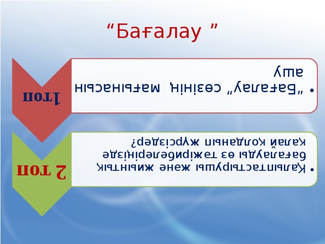 1топ “ Бағалау” сөзінің мағынасын ашу “ Бағалау” сөзінің мағынасын ашу 2 топ Қалыптастырушы және жиынтық бағалауды өз тәжірибелеріңізде қалай қолданып жүрсіздер? Қалыптастырушы және жиынтық бағалауды өз тәжірибелеріңізде қалай қолданып жүрсіздер? “ Бағалау ” 