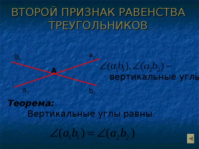 ВТОРОЙ ПРИЗНАК РАВЕНСТВА ТРЕУГОЛЬНИКОВ а 2 b 1 А вертикальные углы а 1 b 2 Теорема:  Вертикальные углы равны. 