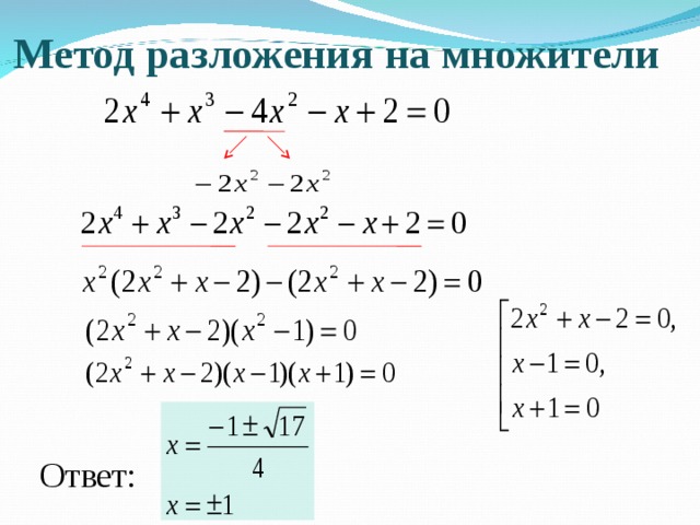 Метод разложения на множители Ответ: 