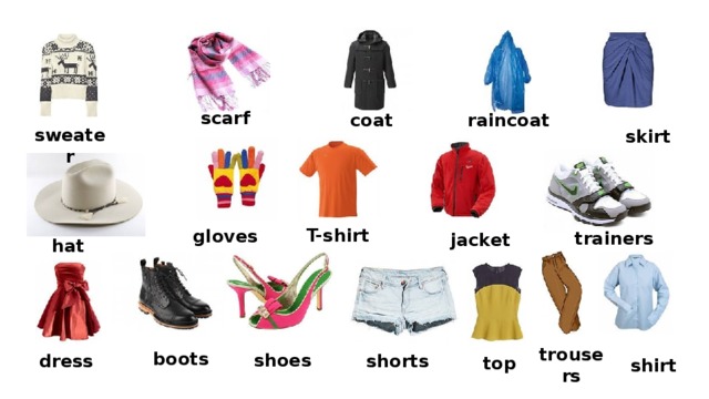 raincoat coat scarf skirt sweater jacket gloves T-shirt trainers hat boots shoes dress shorts top trousers shirt 
