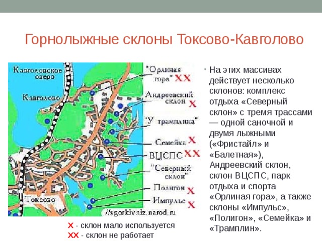 Горнолыжные склоны Токсово-Кавголово На этих массивах действует несколько склонов: комплекс отдыха «Северный склон» с тремя трассами — одной саночной и двумя лыжными («Фристайл» и «Балетная»), Андреевский склон, склон ВЦСПС, парк отдыха и спорта «Орлиная гора», а также склоны «Импульс», «Полигон», «Семейка» и «Трамплин». X  - склон мало используется XX - склон не работает 