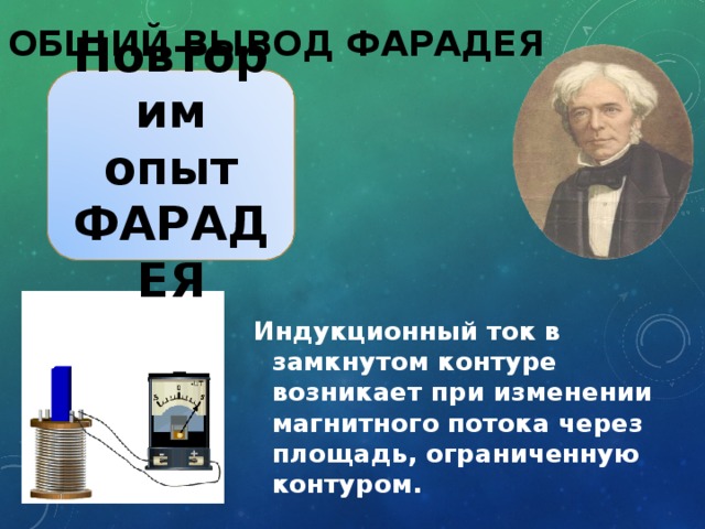 ОБЩИЙ ВЫВОД ФАРАДЕЯ Повторим опыт ФАРАДЕЯ Индукционный ток в замкнутом контуре возникает при изменении магнитного потока через площадь, ограниченную контуром. 