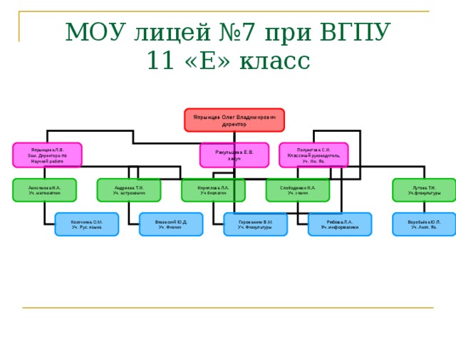 МОУ лицей №7 при ВГПУ  11 «Е» класс Япрынцев Олег Владимирович директор Япрынцева Л.В. Зам. Директора по Научной работе Ракульцева Е.В. завуч Полуэктова С.И. Классный руководитель, Уч. Ин. Яз. Анисимова Н.А. Уч. математики Андреева Т.И. Уч. астрономии Кириллова Л.А. Уч биологии Слободенюк И.А. Уч. химии Лутова Т.Н. Уч.физкультуры Косячкина О.М. Уч. Рус. языка Вязовский Ю.Д. Уч. Физики Горожанкин В.М. Уч. Физкультуры Воробьёва Ю.П. Уч. Англ. Яз. Рябова Л.А. Уч. информатики