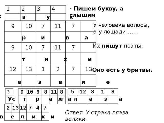 - Пишем букву, а слышим   1 2 3 4 З в у к У человека волосы, а у лошади …… 9 10 7 9 10 11 7 7 12   11 13   7 1   2   7 13 Г р и в а Их пишут поэты. С т и х и Оно есть у бритвы.  Л е з в и е 3 5 9 12 8 10 6 1 8 8 11 8 г л а з а с т р а х а У 2 13 12 7 4 7 Ответ. У страха глаза велики. в е л и к и 