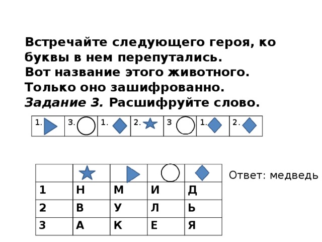 Встречайте следующего героя, ко буквы в нем перепутались. Вот название этого животного. Только оно зашифрованно. Задание 3. Расшифруйте слово. 1. 3. 1. 2. 3 1. 2. 1 2 Н 3 В М И У А Д Л К Ь Е Я Ответ: медведь 