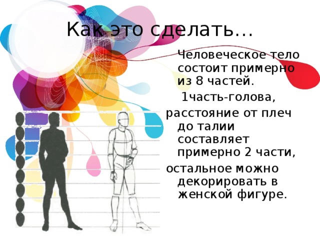 Как это сделать…  Человеческое тело состоит примерно из 8 частей.  1часть-голова, расстояние от плеч до талии составляет примерно 2 части, остальное можно декорировать в женской фигуре. 