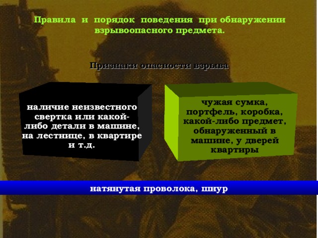 Правила и порядок поведения при обнаружении взрывоопасного предмета.   Признаки опасности взрыва  наличие неизвестного свертка или какой- либо детали в машине, на лестнице, в квартире и т.д. чужая сумка, портфель, коробка, какой-либо предмет, обнаруженный в машине, у дверей квартиры натянутая проволока, шнур 