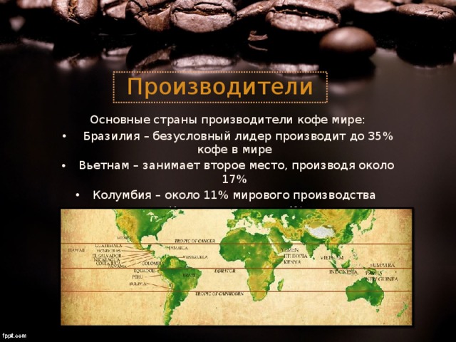 Производители Основные страны производители кофе мире:  Бразилия – безусловный лидер производит до 35% кофе в мире Вьетнам – занимает второе место, производя около 17% Колумбия – около 11% мирового производства Индонезия – около 4% 