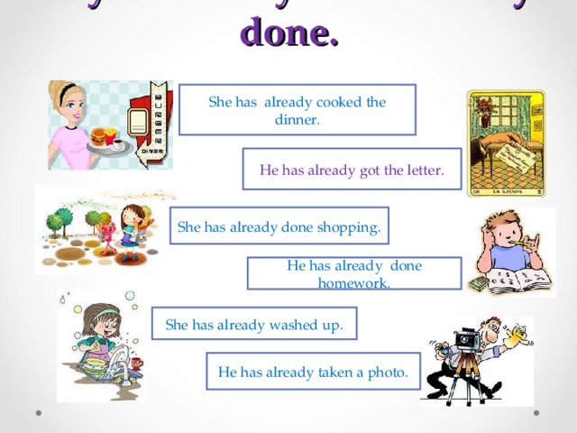 He has already been. Present perfect i have done. Cook в present perfect. Картинки present perfect i have done. Has already cooked.