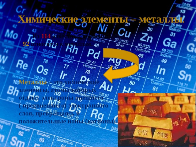 Химические элементы – металлы .  Из 114 известных элементов – 92 относятся к металлам. Металлы  – это химические элементы, атомы которых отдают электроны внешнего ( предвнешнего) электронного слоя, превращаясь в положительные ионы (катионы). 
