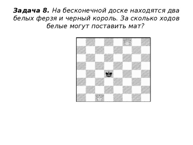  Задача 8.  На бесконечной доске находятся два белых ферзя и черный король. За сколько ходов белые могут поставить мат?    