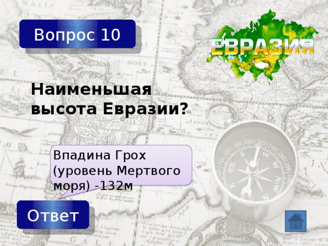 Вопрос 10 Наименьшая высота Евразии? Впадина Грох (уровень Мертвого моря) -132м Ответ 