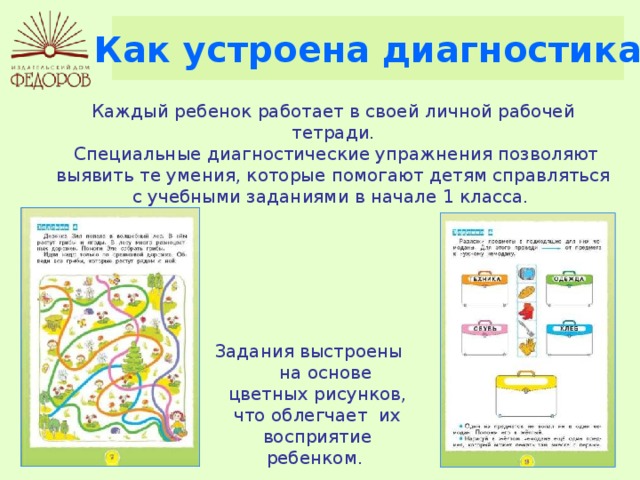 Как устроена диагностика Каждый ребенок работает в своей личной рабочей тетради.  Специальные диагностические упражнения позволяют выявить те умения, которые помогают детям справляться с учебными заданиями в начале 1 класса. Задания выстроены на основе цветных рисунков, что облегчает их восприятие ребенком. 