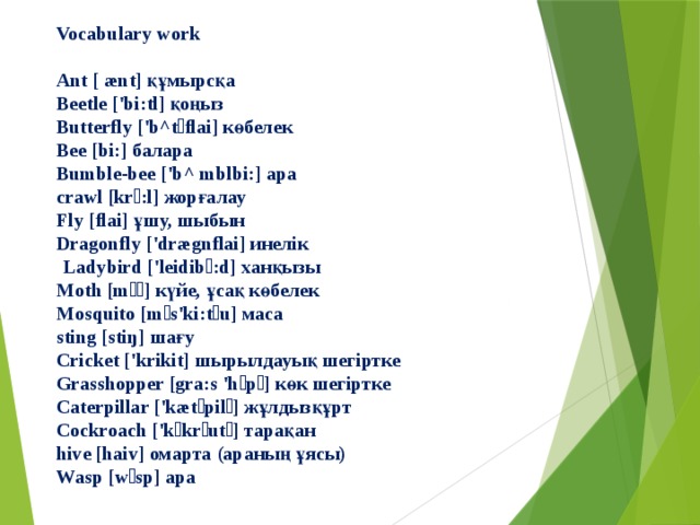 Vocabulary work   Ant [ ænt] құмырсқа  Beetle ['bi:tl] қоңыз  Butterfly ['b^təflai] көбелек  Bee [bi:] балара  Bumble-bee ['b^ mblbi:] ара  сrawl [krɔ:l] жорғалау  Fly [flai] ұшу, шыбын  Dragonfly ['drægnflai] инелік   Ladybird ['leidibə:d] ханқызы  Moth [mɔɵ] күйе, ұсақ көбелек  Mosquito [mɔs'ki:təu] маса  sting [stiŋ] шағу  Cricket ['krikit] шырылдауық шегіртке  Grasshopper [gra:s 'hɔpə] көк шегіртке  Caterpillar ['kætəpilə] жұлдызқұрт  Cockroach ['kɔkrəutʃ] тарақан  hive [haiv] омарта (араның ұясы)  Wasp [wɔsp] ара   