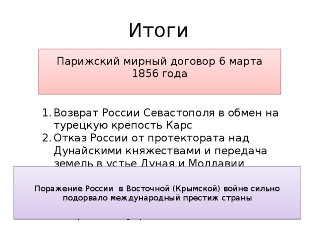 Итоги Крымской войны 1853-1856. Итоги парижского договора 1856.