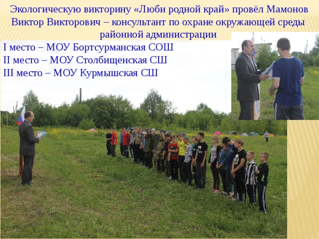 Экологическую викторину «Люби родной край» провёл Мамонов Виктор Викторович – консультант по охране окружающей среды районной администрации I место – МОУ Бортсурманская СОШ II место – МОУ Столбищенская СШ III место – МОУ Курмышская СШ 