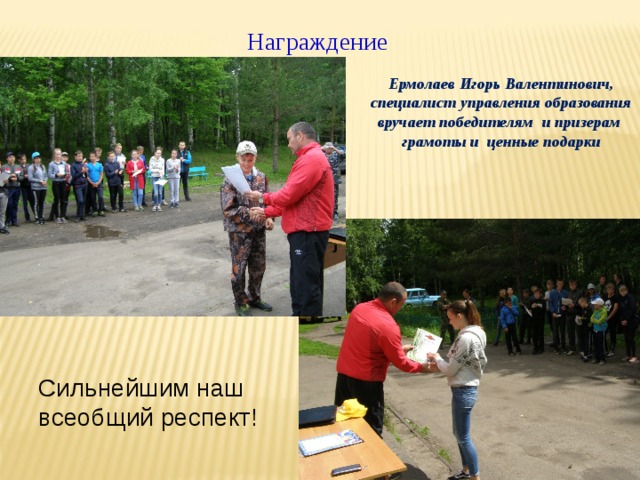 Награждение Ермолаев Игорь Валентинович, специалист управления образования вручает победителям и призерам грамоты и ценные подарки Сильнейшим наш всеобщий респект! 