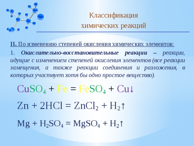 Классификация химических реакций II. По изменению степеней окисления химических элементов: 1. Окислительно-восстановительные реакции – реакции, идущие с изменением степеней окисления элементов (все реакции замещения, а также реакции соединения и разложения, в которых участвует хотя бы одно простое вещество). Cu SO 4  +  Fe  =  Fe SO 4  + Cu↓ Zn + 2HCl = ZnCl 2 + H 2 ↑ Mg + H 2 SO 4 = MgSO 4 + H 2 ↑ 10 
