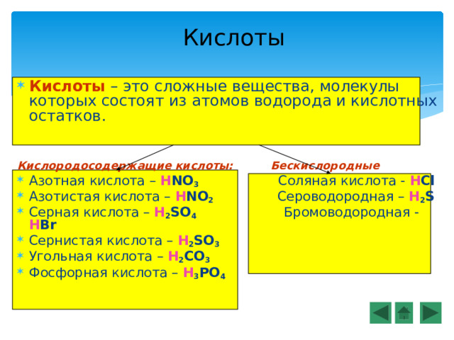 Кислоты Кислоты  – это сложные вещества, молекулы которых состоят из атомов водорода и кислотных остатков. Кислородосодержащие кислоты:  Бескислородные  Азотная кислота – H NO 3 Соляная кислота - H Cl Азотистая кислота – H NO 2 Сероводородная – H 2 S Серная кислота – H 2 SO 4 Бромоводородная - H Br Сернистая кислота – H 2 SO 3 Угольная кислота – H 2 CO 3 Фосфорная кислота – H 3 PO 4 