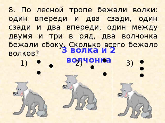 Впереди 1. По Лесной тропе бежали волки один впереди и два. Один волк впереди два сзади. Ответ на задачу по Лесной тропе бежали волки.