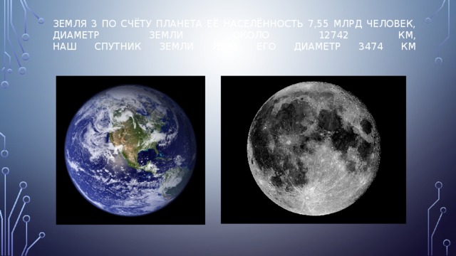Земля 3 по счёту планета её населённость 7,55 млрд человек, Диаметр земли около 12742 км,  наш спутник земли луна его диаметр 3474 км   