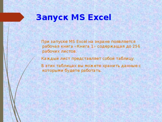 Запуск  MS Excel   При запуске MS Excel на экране появляется рабочая книга «Книга 1» содержащая до 256 рабочих листов.  Каждый лист представляет собой таблицу.  В этих таблицах вы можете хранить данные с которыми будете работать. 