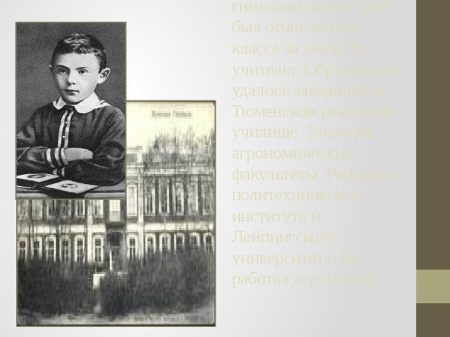 Учился в Елецкой гимназии, из которой был отчислен в 4 классе за дерзость учителю. Образование удалось завершить в Тюменском реальном училище. Закончив агрономические факультеты Рижского политехнического института и Лейпцигского университета, по работал агрономом. 