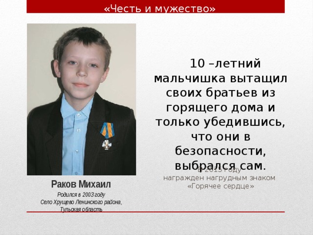 «Честь и мужество»  10 –летний мальчишка вытащил своих братьев из горящего дома и только убедившись, что они в безопасности, выбрался сам. В 2015 году награжден нагрудным знаком «Горячее сердце» Раков Михаил Родился в 2003 году  Село Хрущево Ленинского района, Тульская область 