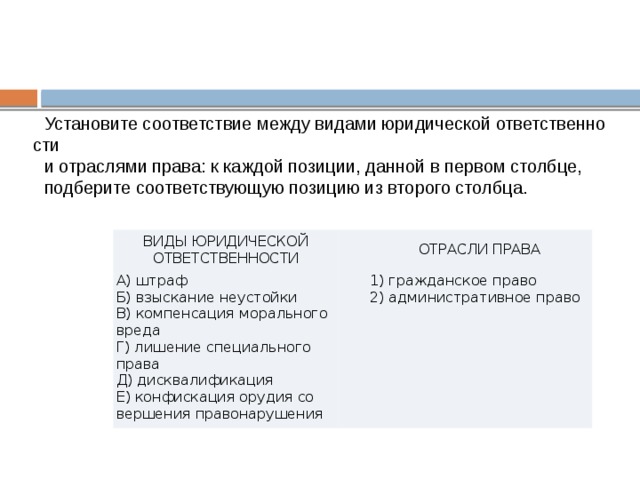 Установите соответствие между формами юридической ответственности