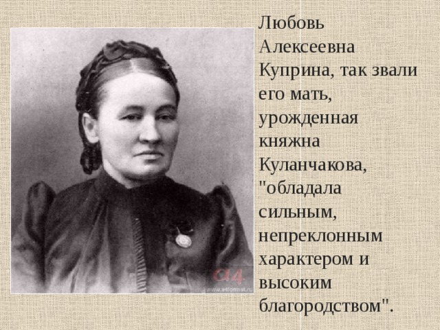 Любовь Алексеевна Куприна, так звали его мать, урожденная княжна Куланчакова, 