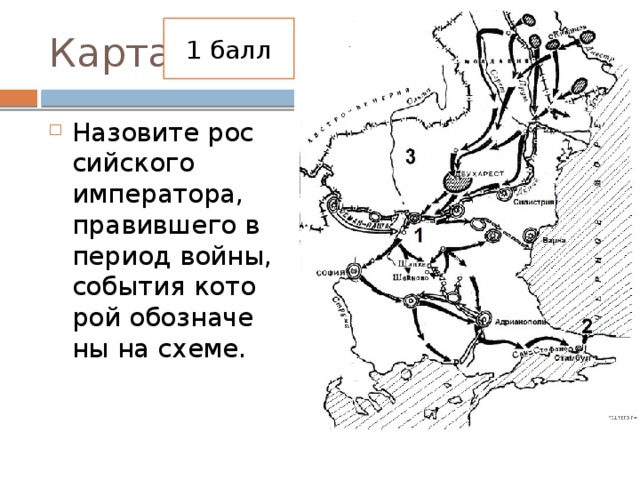 Карта 1 балл Назовите рос­сий­ско­го императора, пра­вив­ше­го в пе­ри­од войны, со­бы­тия ко­то­рой обо­зна­че­ны на схеме. 