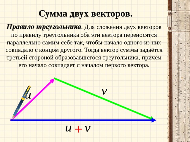 Сумма двух векторов. Правило треугольника . Для сложения двух векторов по правилу треугольника оба эти вектора переносятся параллельно самим себе так, чтобы начало одного из них совпадало с концом другого. Тогда вектор суммы задаётся третьей стороной образовавшегося треугольника, причём его начало совпадает с началом первого вектора. 