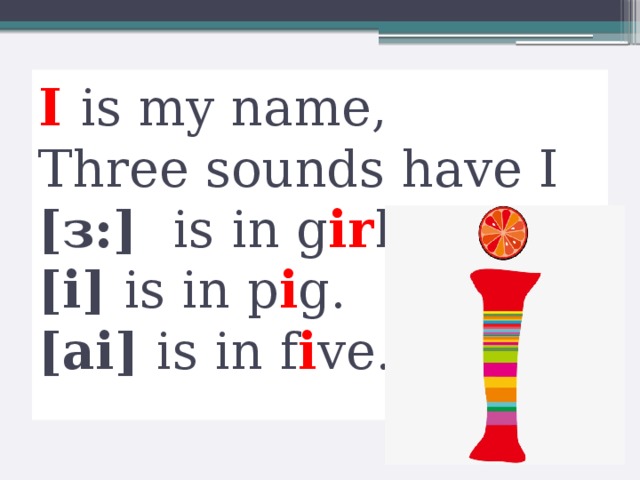 I is my name,  Three sounds have I  [з:] is in g ir l,  [i] is in p i g.  [ai] is in f i ve.   