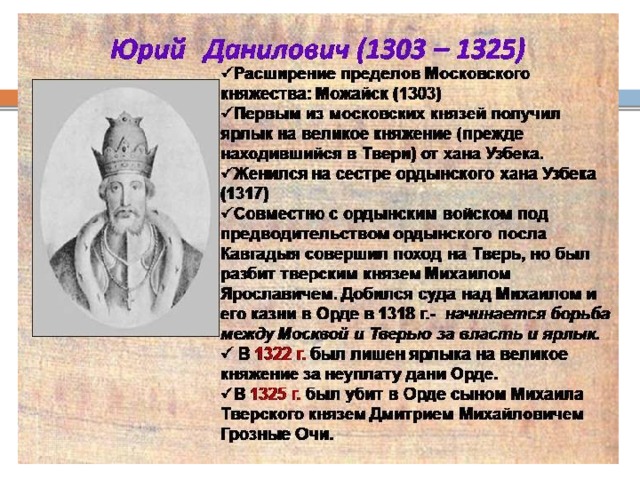 3 князь москвы. Юрий Данилович Московский князь годы правления. Деятельность Московского князя Юрия Даниловича. Правление Юрия Даниловича 1303-1325.